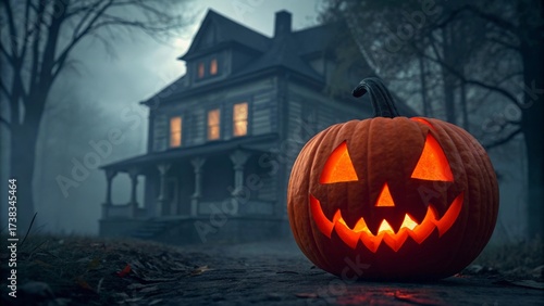 Wallpaper Mural Twisted scare creepy carved pumpkin with glowing red light at haunted house eerie halloween night scene Torontodigital.ca