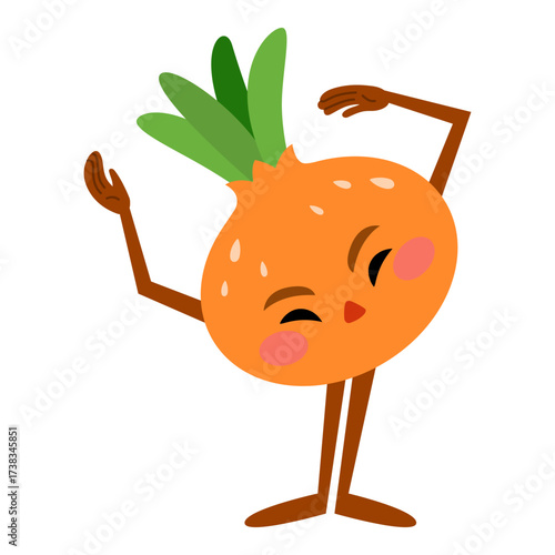 Cute onion character working out with difficulty, sweat drops running down his face. Color flat veggie illustration isolated on white background. Vector kawaii mascot for food projects