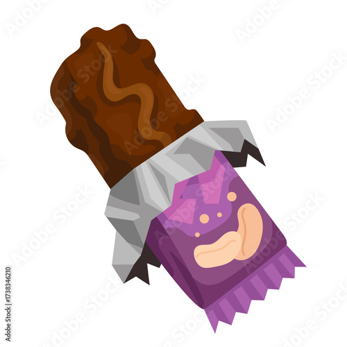 Chocolate bar with peanuts in a purple package half unwrapped. Vector flat illustration of snack with shadows and highlights. Isolated on white background for menus and food designs