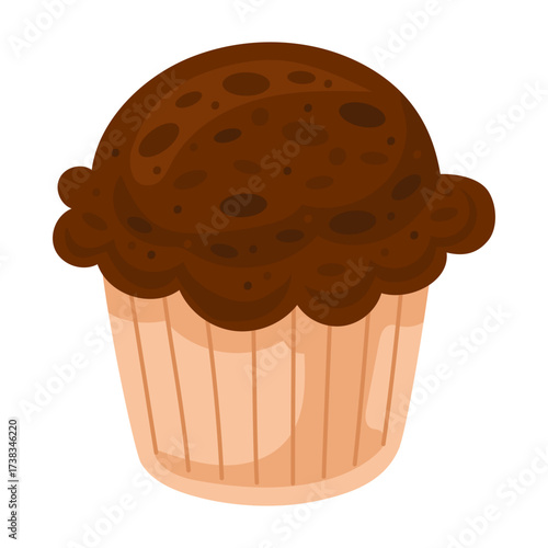 Brown chocolate muffin with highlights and shadows. Isolated vector flat illustration of sweet dessert on white background for menus and food design