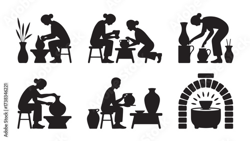 Set of pottery making silhouette icons vector illustration of potter at work crafting clay in a studio