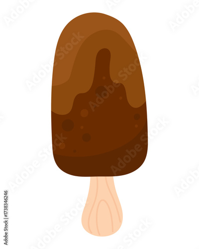 Ice cream popsicle in chocolate glaze with stick. Vector flat illustration of sweet eskimo pie. Isolated cute image on white background for posters menus and kids projects.