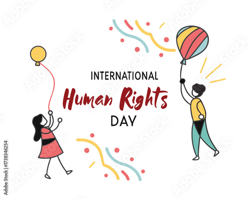 Celebrating International Human Rights Day with Joyful Illustration of People Holding Balloons and Festive Decorations for Promoting Equality and Justice