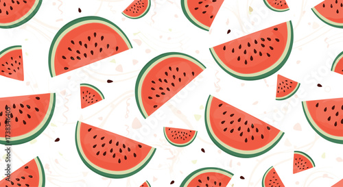 A vibrant repeating pattern of sliced watermelons in various sizes and orientations.