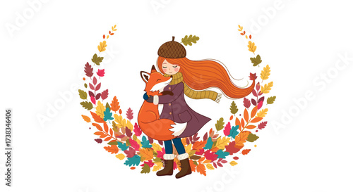 A girl with long red hair hugs a fox surrounded by autumn leaves.