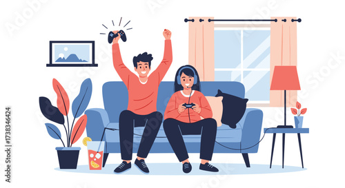 Excited young adults celebrate victory while playing video games together on the couch.