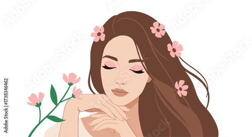 A woman with flowers in her hair and a delicate pose.