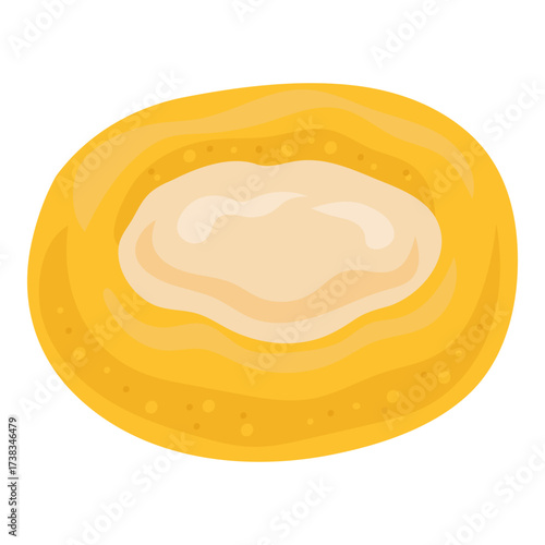 Yellow pastry bun with cottage cheese filling in the center. Vector flat image of curd tart with highlights and shadows. Isolated on white background for menu and playful designs.