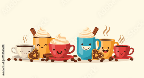 Cute coffee cups with whipped cream and cookies.