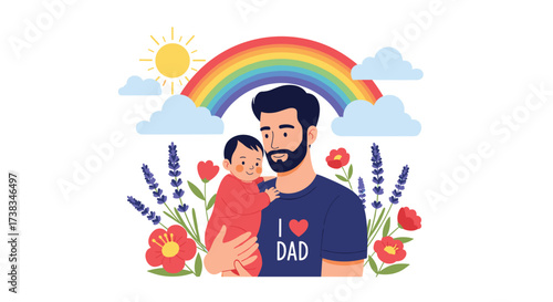 A father holding his baby surrounded by flowers and a rainbow overhead.