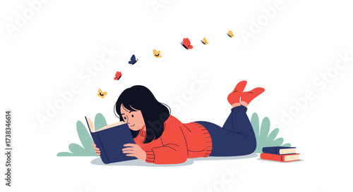 A young girl enjoys reading a book outdoors surrounded by butterflies.