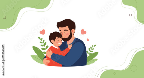 Father and son hugging and showing affection with hearts floating around.