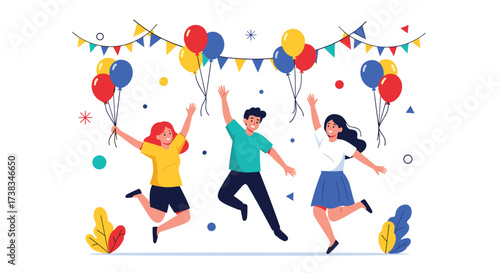 Three people jumping and celebrating with balloons and confetti.
