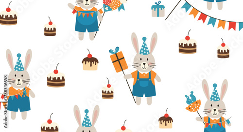 Cute bunnies celebrating a birthday with cakes and presents.