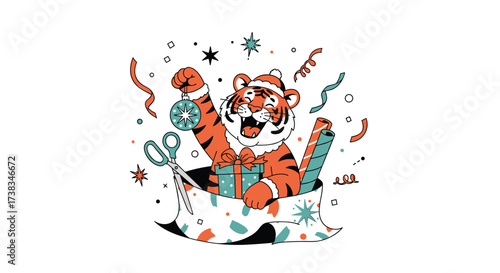 A jubilant tiger emerges from a gift bag filled with festive elements.