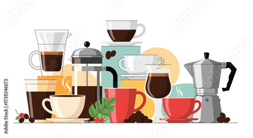 A variety of coffee drinks served in different cups and brewing methods.