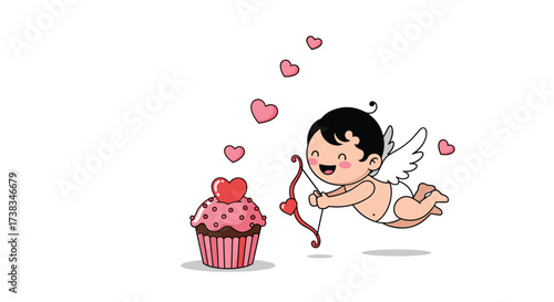 Cupid with bow and arrow and a cupcake with hearts.