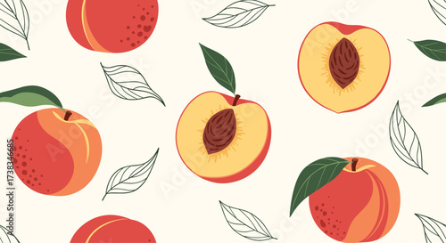 A delightful pattern of ripe juicy peaches and green leaves.