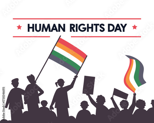 Human Rights Day illustration featuring crowd of people holding flags in support of universal human rights and freedom