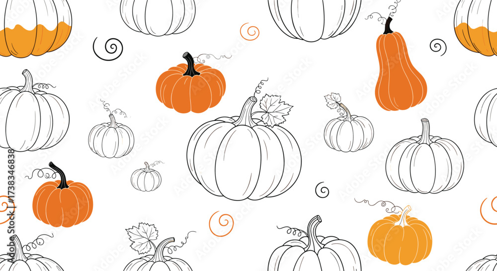 A colorful collection of hand-drawn pumpkins for autumn.
