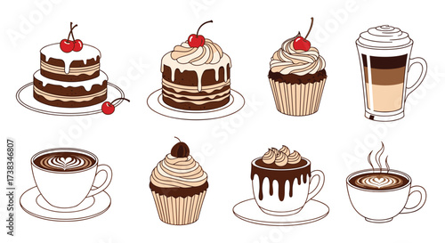 A collection of delicious sweet treats and hot beverages served in cups and saucers.