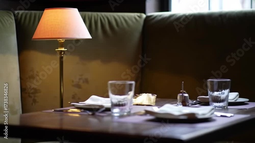 Elegant restaurant booth seating with table and place setting scene