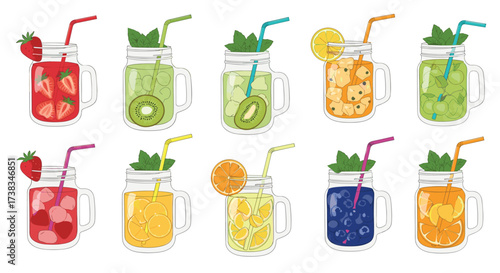 A refreshing collection of fruity beverages with fresh fruit garnishes.