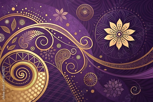 Elegant golden swirls and floral motifs on a rich purple background