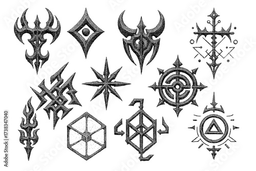 Set of neo-tribal gothic tattoo elements in cyber sigilism style. Dotted halftone futuristic symbols. Ancient glyphs and geometric icons for digital art and sacred geometry.