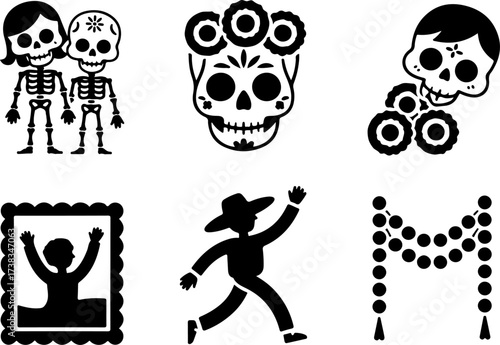 bundle of Skeleton couple, Sugar skull, Marigold bunch, Framed photo, Parade dancer, Garland row