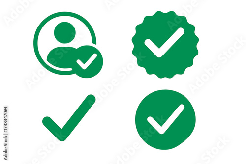 Approved icons set. Profile verification badge. Accept quality icon with check mark. Sticker with tick for confirmation. Green checkmark vector illustration design elements set.