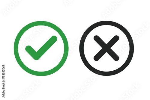 Check mark and cross icon set. Green checkmark for approved and black X for rejected. Yes and no symbol for accept or decline. Right, wrong, success or failure choice concept vector.