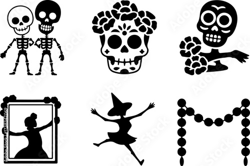 bundle of Skeleton couple, Sugar skull, Marigold bunch, Framed photo, Parade dancer, Garland row