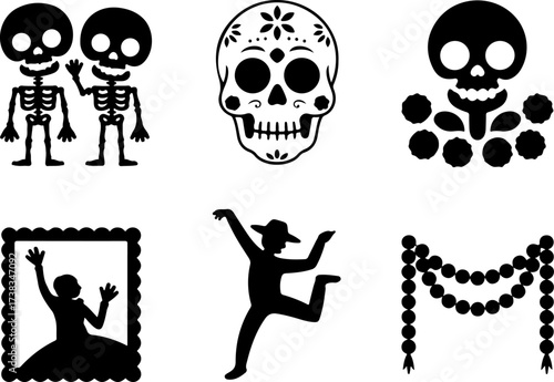 bundle of Skeleton couple, Sugar skull, Marigold bunch, Framed photo, Parade dancer, Garland row