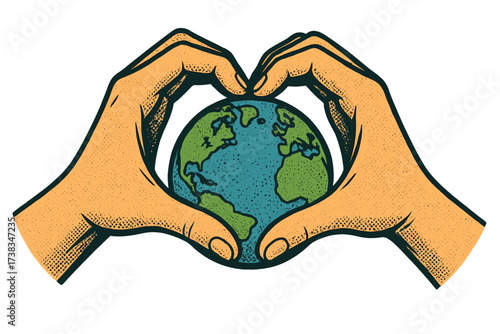 Human hands making a heart shape around planet Earth. Love and protect the globe. Earth Day, 22 April. Save the planet and environment care retro halftone vector concept.