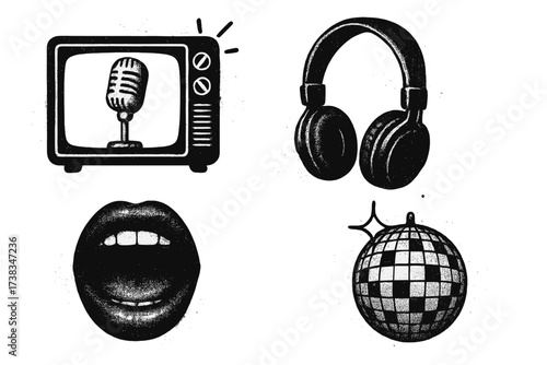 Retro music grunge icon set. Halftone vector illustration of vintage microphone on TV screen, headphones, singing lips and disco ball. Cool collage elements for audio podcast.