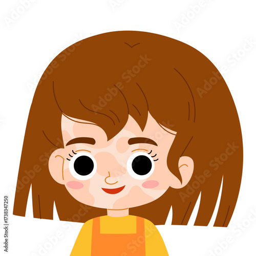 Cute portrait of smiling girl with vitiligo spots on her face. Flat kawaii vector illustration isolated on white background. Color image for picture books, posters or inclusive learning projects