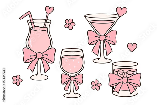 Coquette cocktails set with pink ribbon bows. Cute y2k aesthetic for Valentine's party. Girly drink glasses, martini, wine. Hand drawn flat vector doodle illustration.