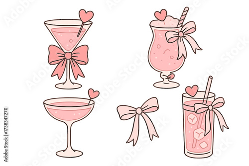 Coquette cocktails set with pink ribbon bows and hearts. Cute y2k aesthetic for Valentine's Day party. Girly romantic drink glasses. Flat hand drawn vector illustration icon pack.
