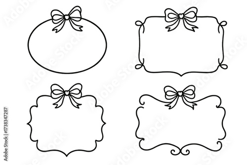 Coquette decorative frames set with ribbon bow. Cute hand drawn border collection. Girlish doodle aesthetic. Vector illustration for invitations, cards, tags, scrapbooking, logo.