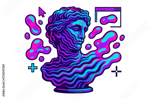 Cyberpunk vaporwave concept of a melting ancient sculpture. Distorted greek statue with wavy lines, neon liquid blobs, retro pc pixel elements. Trendy fashion print for t-shirt.