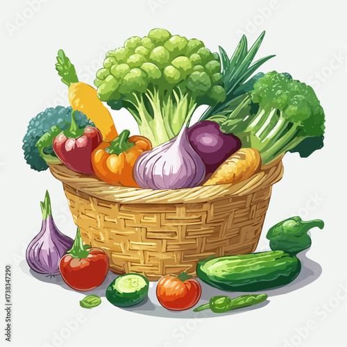 Fresh Vegetables in a Woven Basket Illustration.