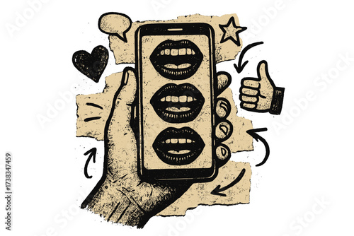 Social media addiction concept. Hand holding phone with mouths talking. Grunge collage of fake news, communication, gossip, feedback, likes, and comments. Vector illustration.