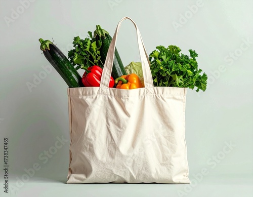 Realistic photo of reusable tote bag filled with fresh vegetables