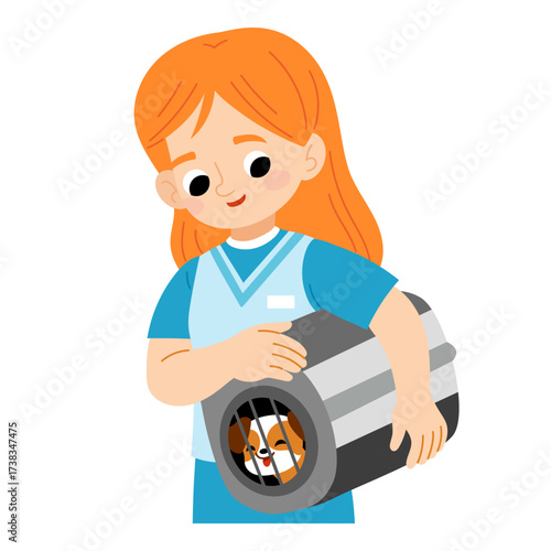 Cartoon girl volunteer at an animal shelter with dog in cage. Flat vector illustration isolated on white background. Kawaii veterinarian character for pet adoption or veterinary projects