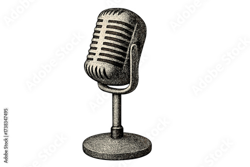 Vintage desktop microphone on stand with halftone pop art texture. Retro radio broadcast or podcast mic isolated. Classic audio recording equipment for collage or design.