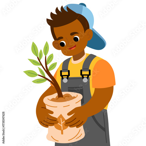 Boy in cap and overalls holds tree seedling in a bag. Flat vector illustration isolated on white background. Kawaii character for environmental projects and education kids materials