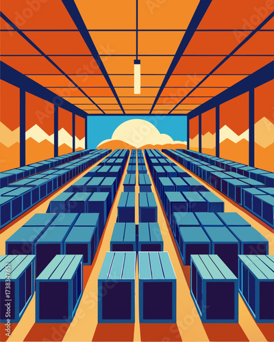 A large warehouse filled with rows of old solar panels waiting to be disassembled and recycled.. Vector illustration