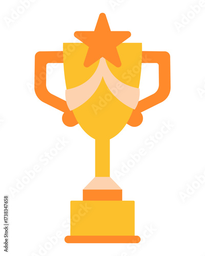 Golden sport trophy cup with big star. Vector illustration isolated on white background. Yellow flat object for learning games print designs and sport projects.
