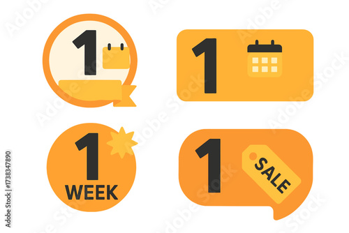 One week left sale countdown badges. Number 1 sticker collection. Final week promotion timer for landing page banner. Last chance offer. Marketing symbol vector set.